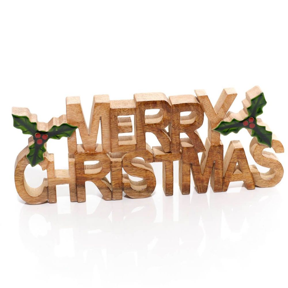 Richard Langs Mango Wood Standing Christmas Holly 'Merry Christmas' Block
