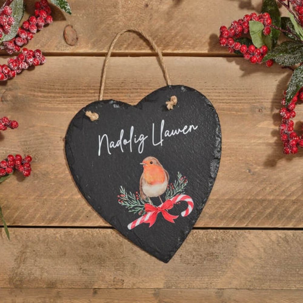 Richard Langs Nadolig Llawen Robin Wooden Heart Hanging Decoration - (Choice of 6)