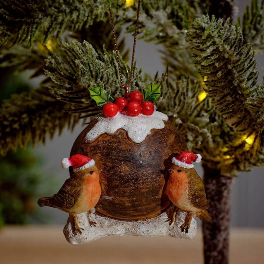 Richard Langs Resin Christmas Pudding & Robins Hanging Decoration