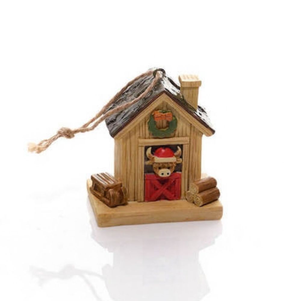 Richard Langs Resin Highland Cow in Stable Hanging Decoration