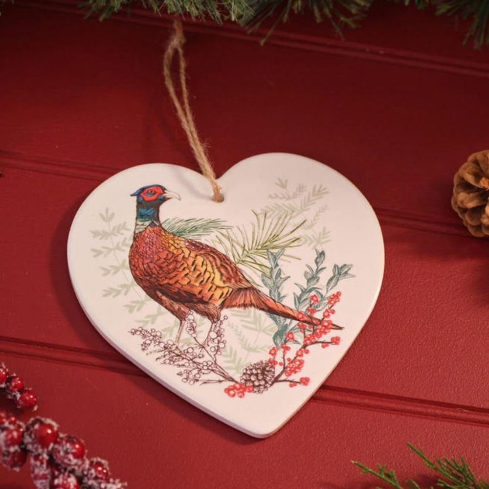 Richard Langs Woodland Pheasant Ceramic Heart Hanging Decoration