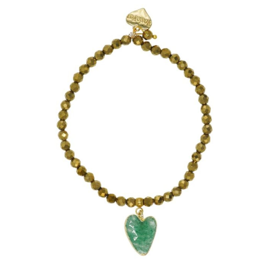 Rosie Fox Green Agate Gemstone Heart and Pyrite Gemstone Bracelet