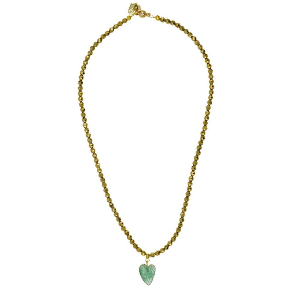 Rosie Fox Green Agate Gemstone Heart and Pyrite Gemstone Necklace