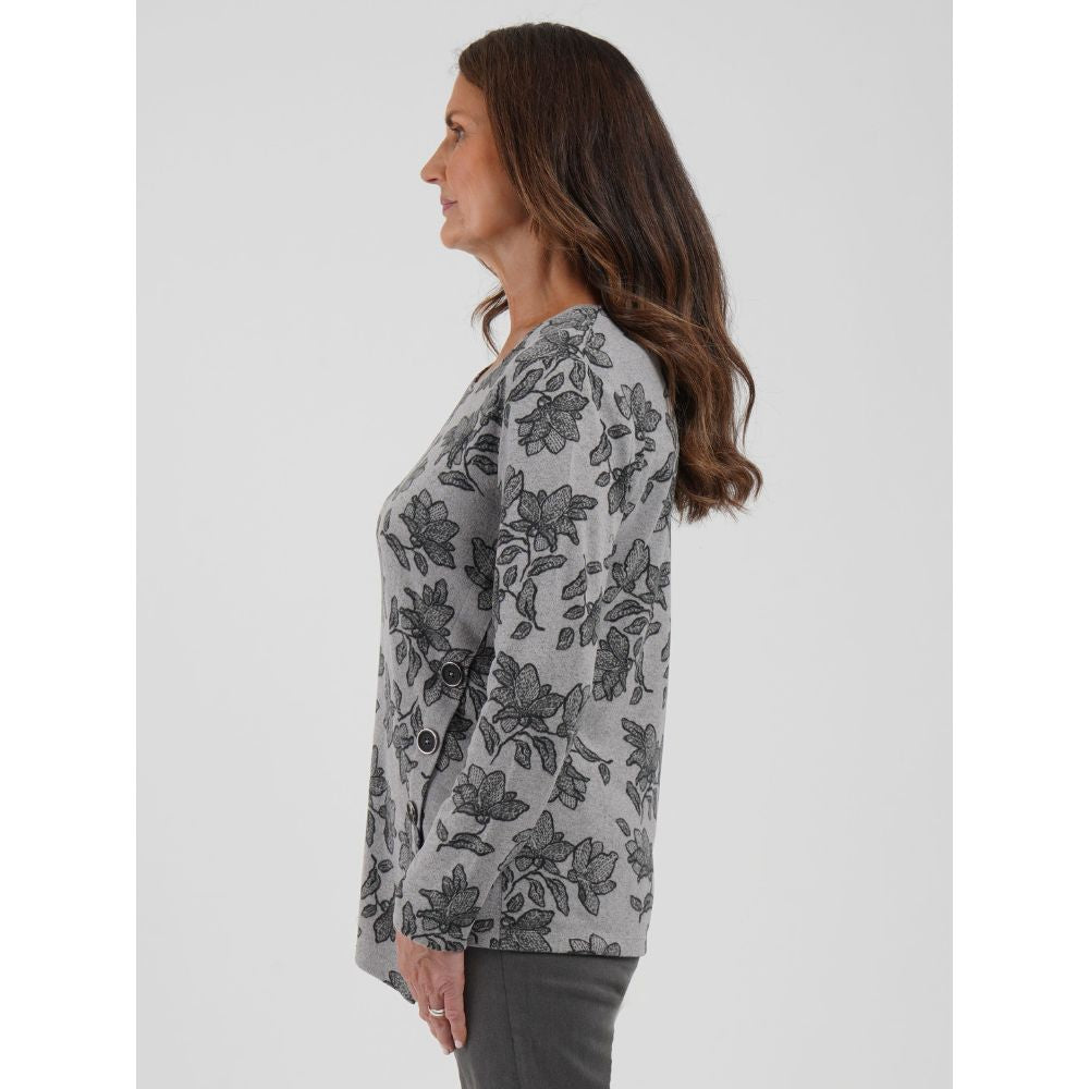 TIGI Asymmetric Button Floral Top - Grey