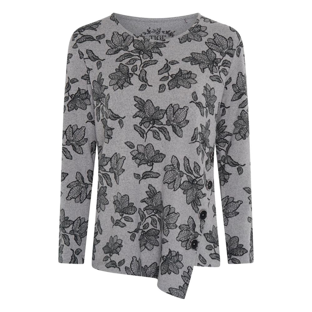 TIGI Asymmetric Button Floral Top - Grey