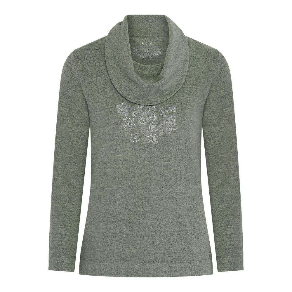 TIGI Diamante Flowers Cowl Neck Top - Basil Green