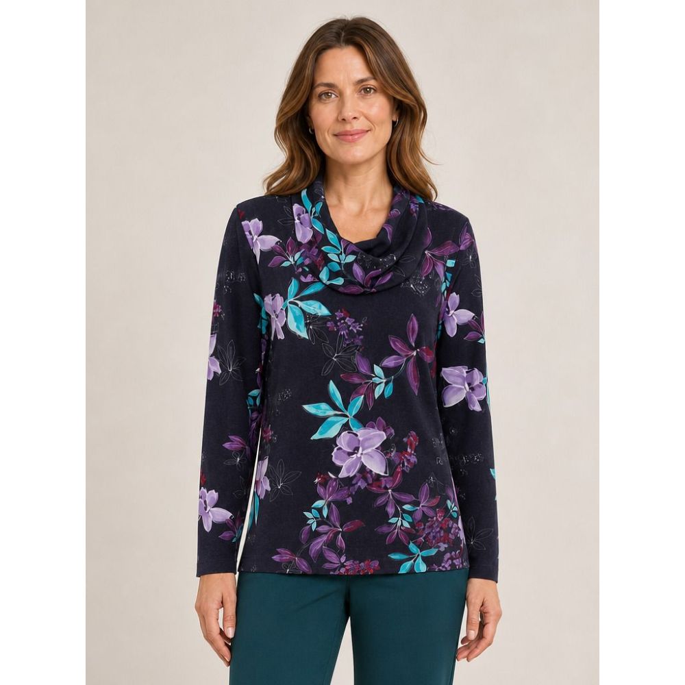 Tigi Dark Lily Print Cowl Neck -  Navy/Purple