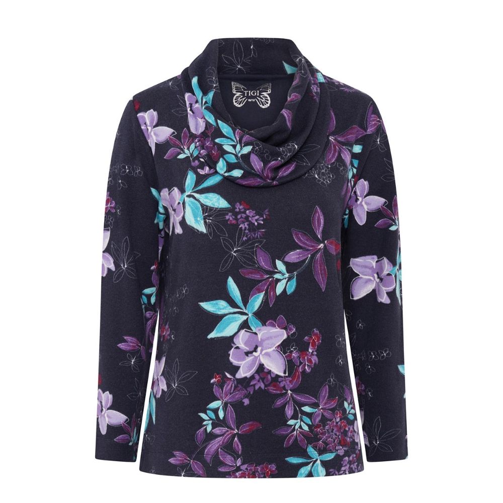 Tigi Dark Lily Print Cowl Neck -  Navy/Purple