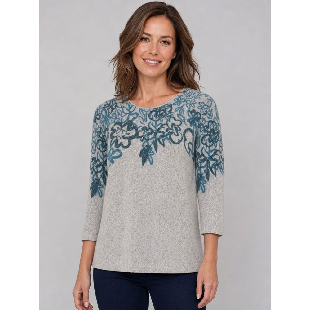 Tigi Floral Border Print Crew Neck Top - Grey/Blue
