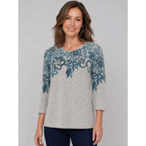 Tigi Floral Border Print Crew Neck Top - Grey/Blue