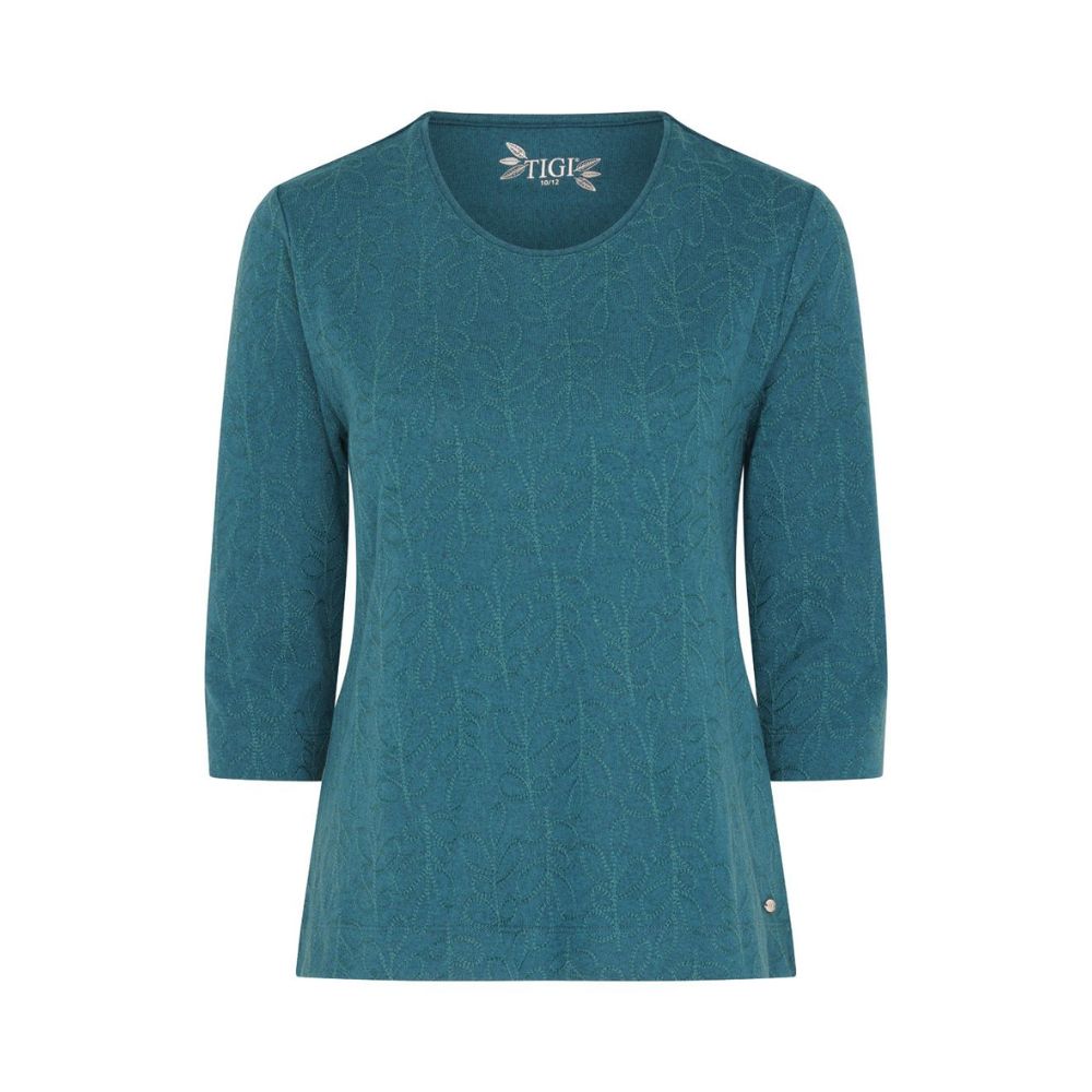 Tigi Round Neck Embroidered Leaves Top - Turquoise