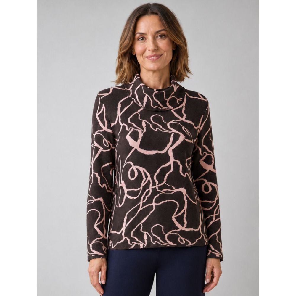Tigi Sqiggle Jacquard Cowl Neck Top - Brown/Pink