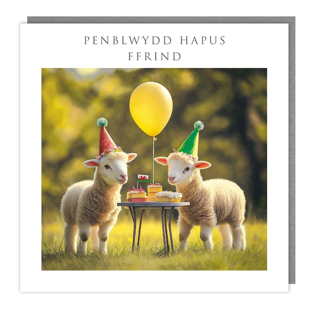 Tracks Publishing Friend Lambs with Cake Welsh Christmas Card