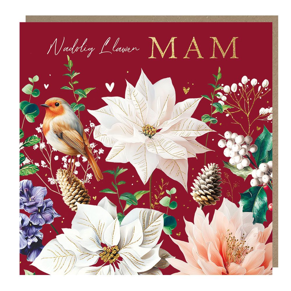 Tracks Publishing Mum Poinsettia & Robin Welsh Christmas Card