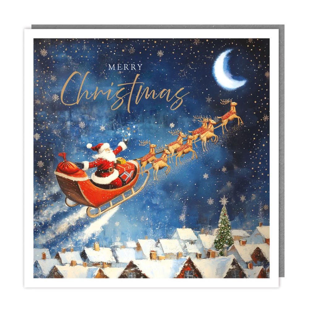 Tracks Sleigh over Rooftop Christmas Cards - (Pack of 5)
