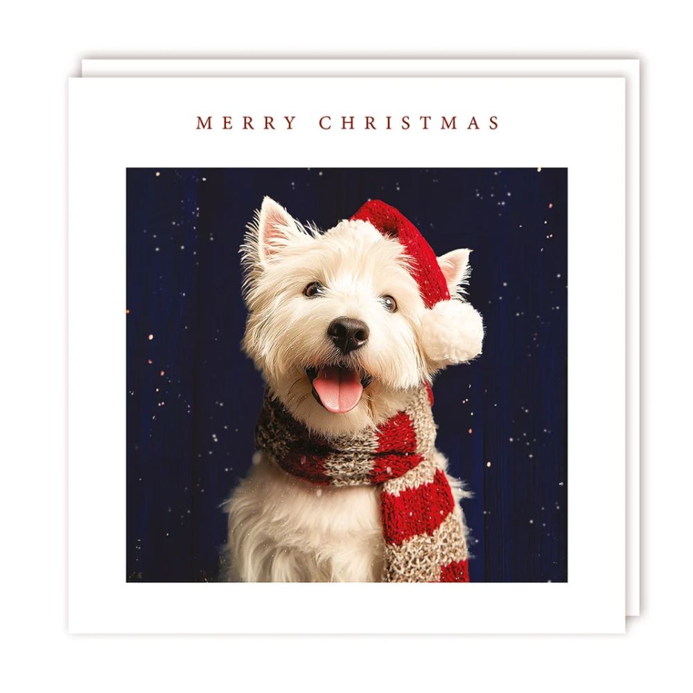 Tracks Xmas Westie with Hat Sparkle Christmas Card -  (Pack of 5)