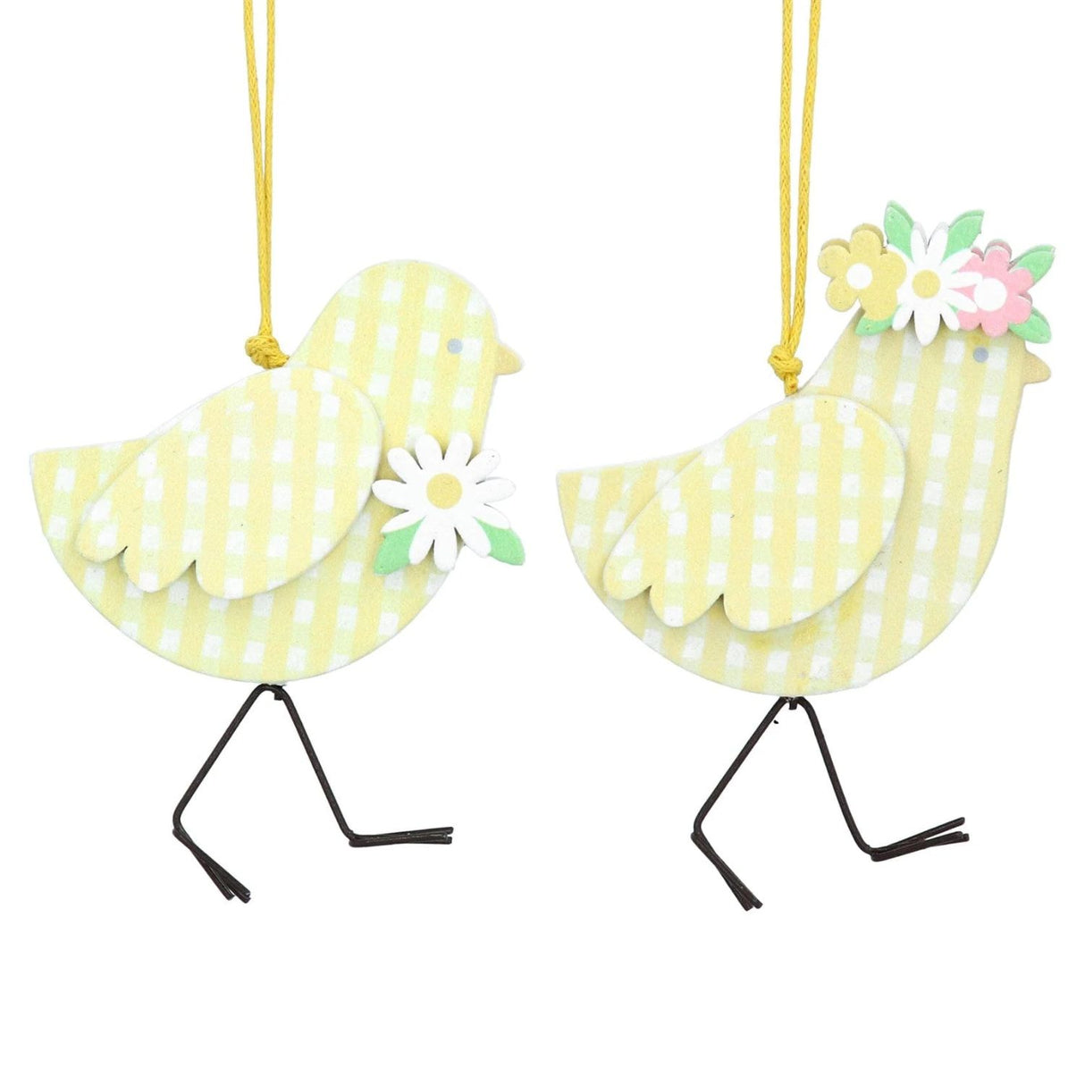 Gisela Graham Yellow Wooden Gingham Chicks Hanging Decoration (Choice of 2)