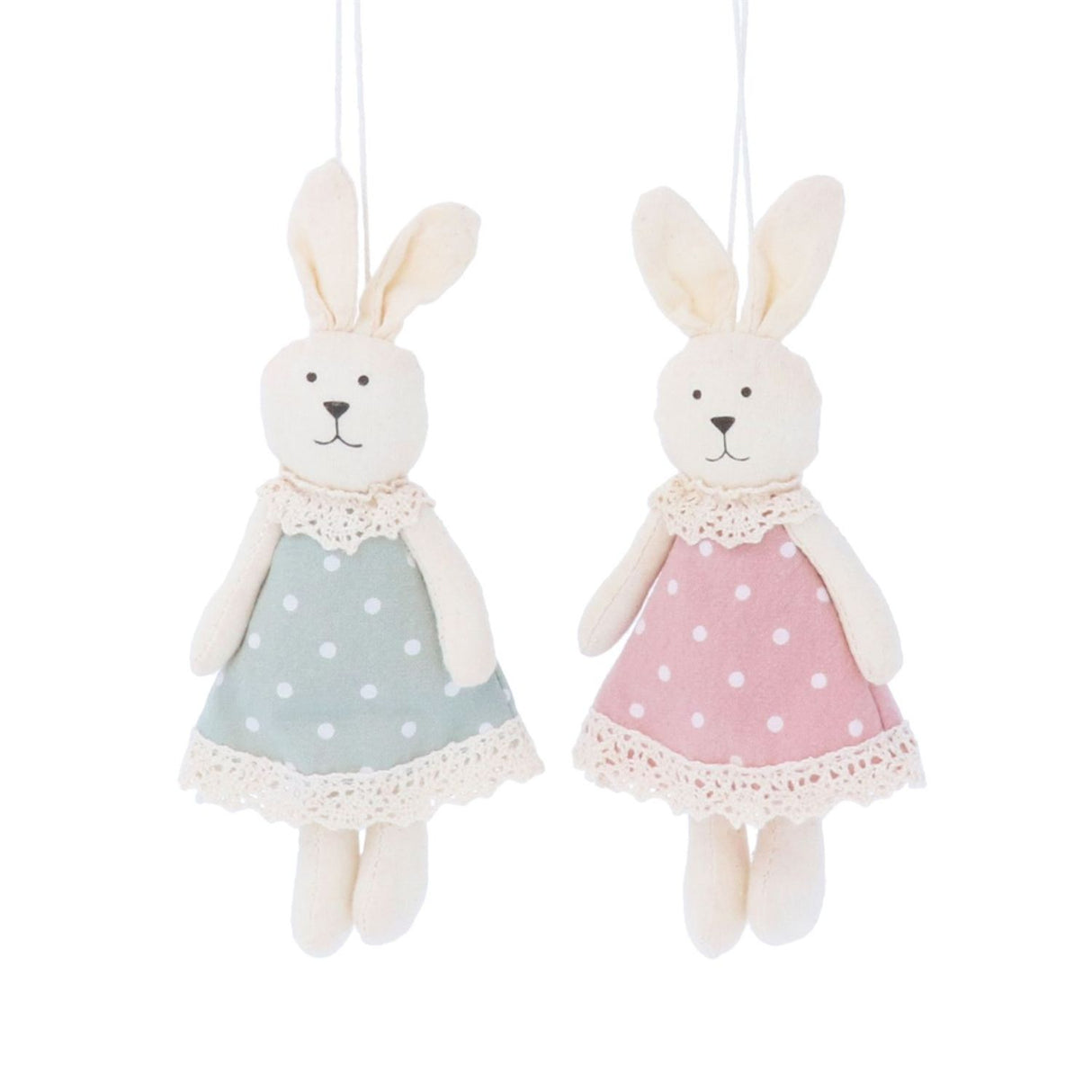Gisela Graham Fabric Bunny in Polka Dot Dress Hanging Decoration (Choice of 2)