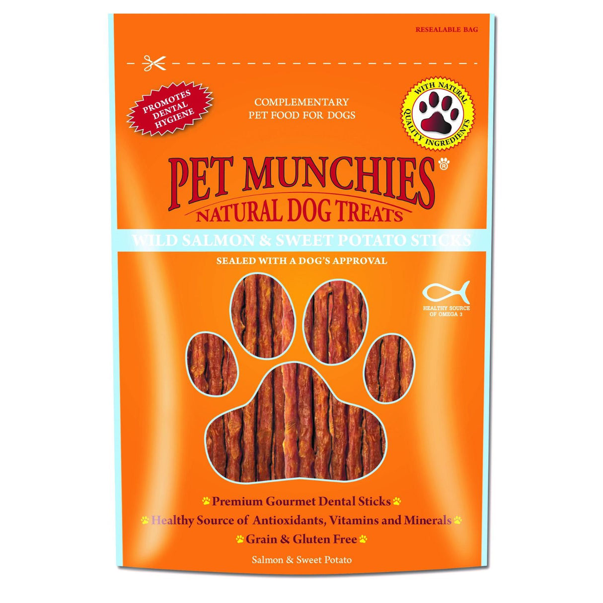 Pet Munchies 90g  Dog Treats - Wild Salmon & Sweet Potato Dental Stick