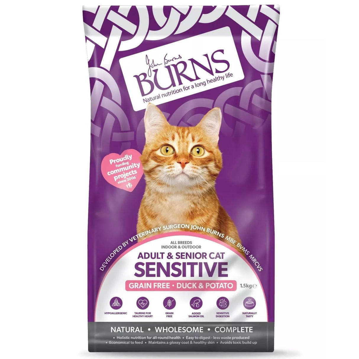 Burns Adult & Senior Cat Sensitive 1.5kg GRAIN-FREE Duck & Potato Cat Food
