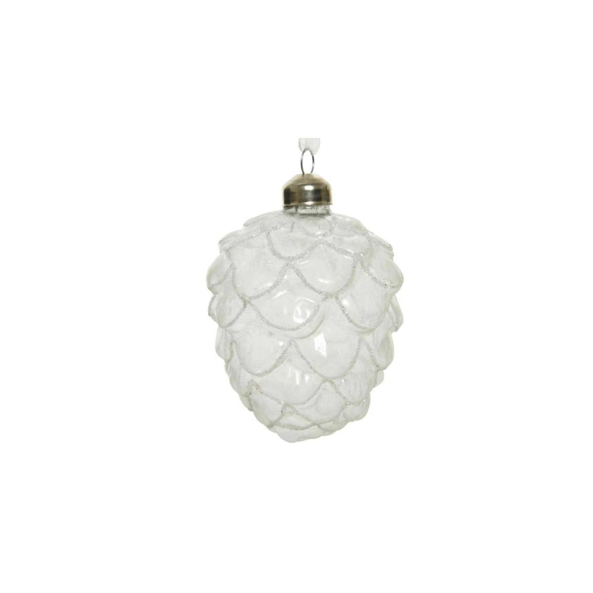 Decoris 10cm White Frosted Glass Pinecone Hanging Decoration