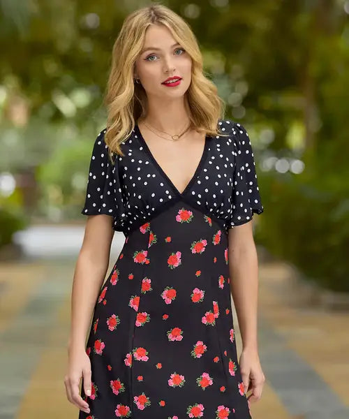 Joe Browns 10 Black Louisa Spots & Floral Midi Dress - WF203A