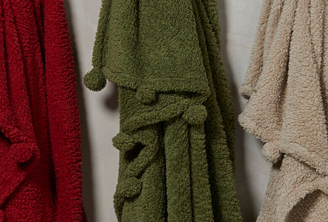 Walton & Co 180cm Sherpa Fluffy Fleece Pom-pom Throw Olive Green