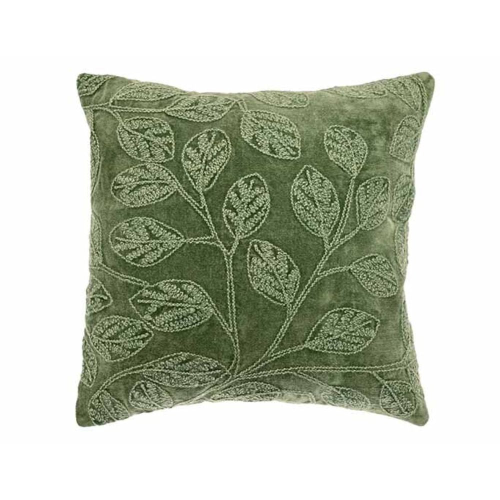 Walton & Co 43cm Velvet Embroidered Leaf Cushion - Green