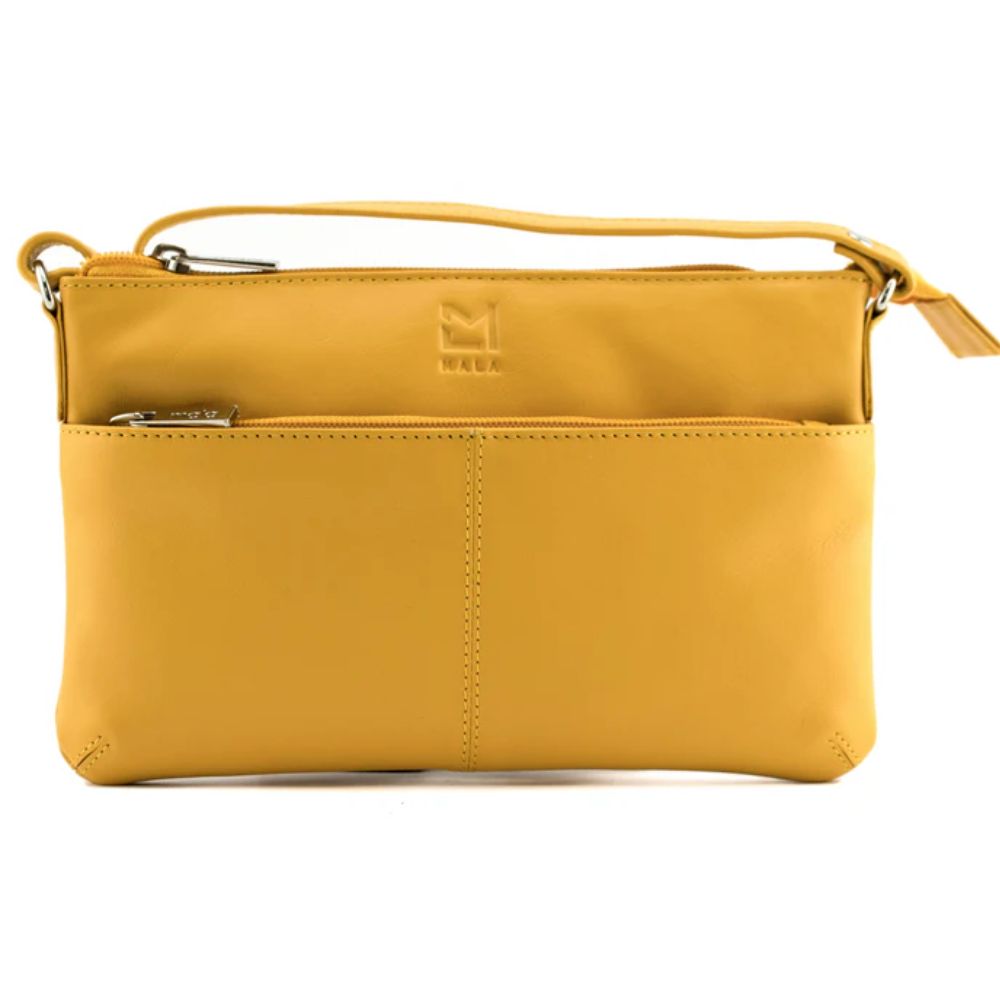 Mala Leather Yellow Anishka Slim Midi Double Pocket Cross Body Bag