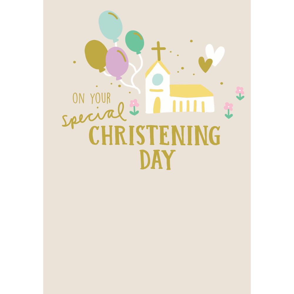 Woodmansterne Church and Balloons Christening Day Card