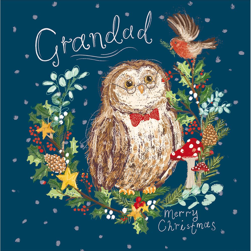 Woodmansterne Grandad Owl Woodland Wreath Christmas Card