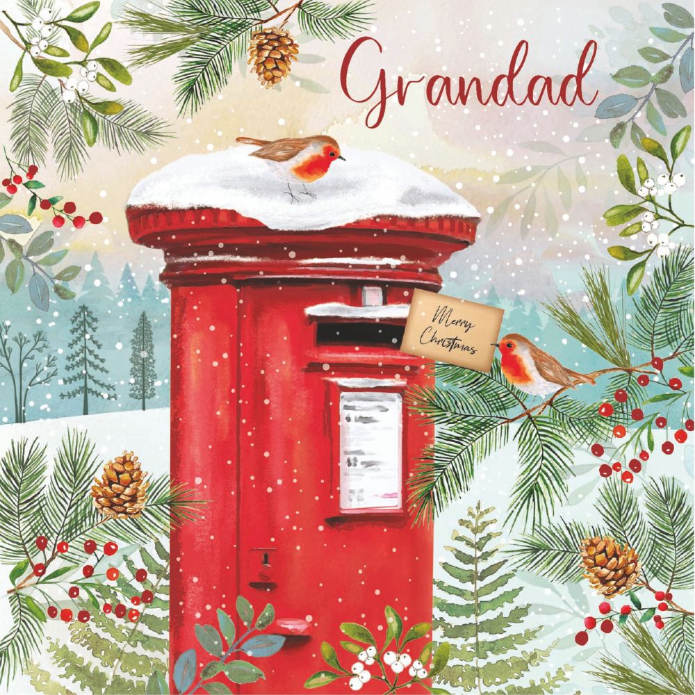Woodmansterne Grandad Robins on Post Box Christmas Card