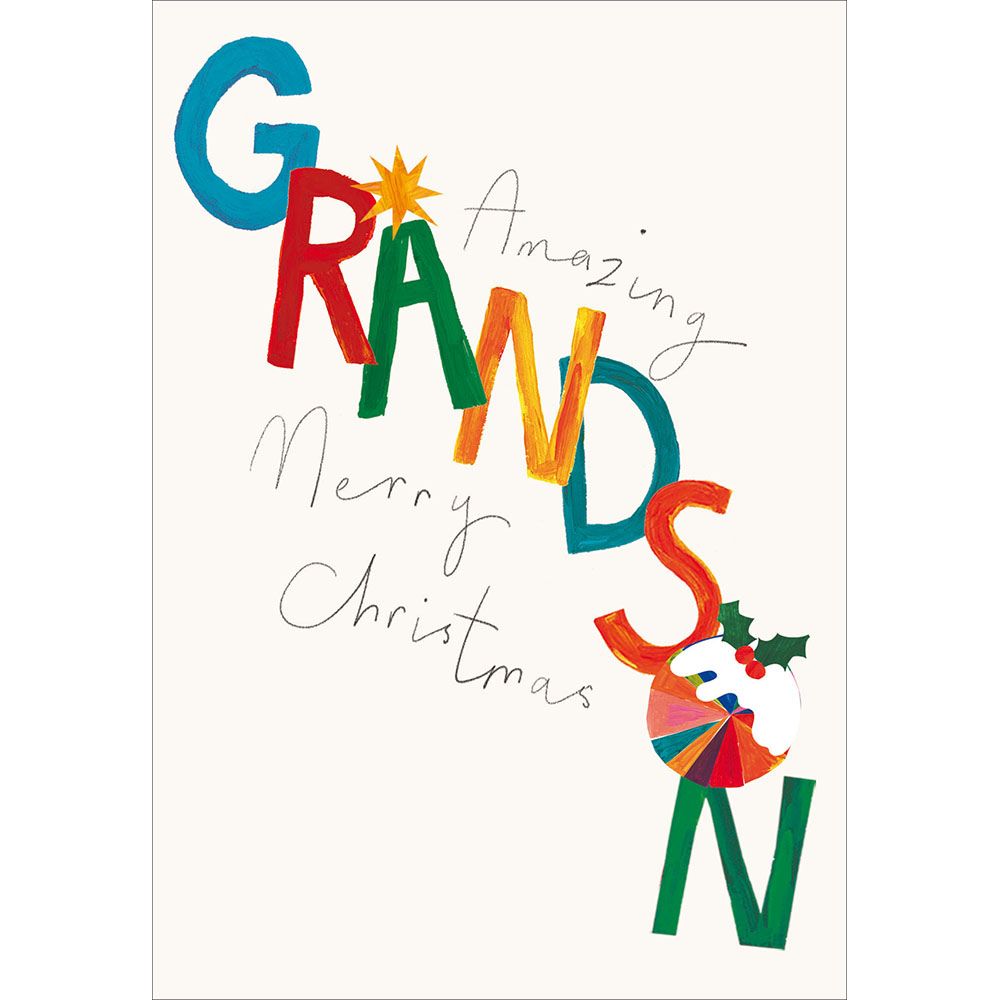 Woodmansterne Grandson Colourful Text Pudding Christmas Card