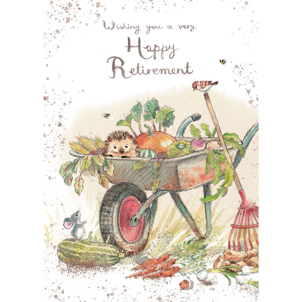 Woodmansterne Hedgehog in Wheelbarrow Retirement Card