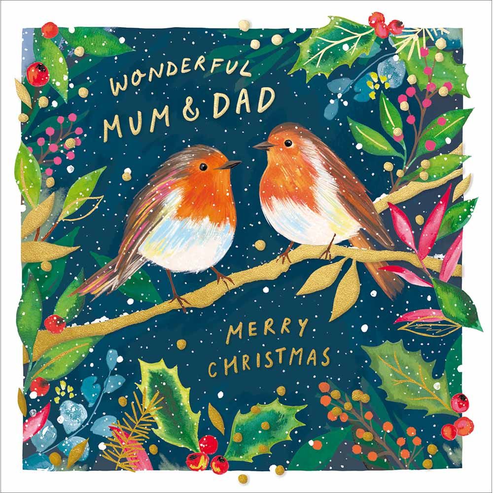 Woodmansterne Mum & Dad Colourful Robins Christmas Card