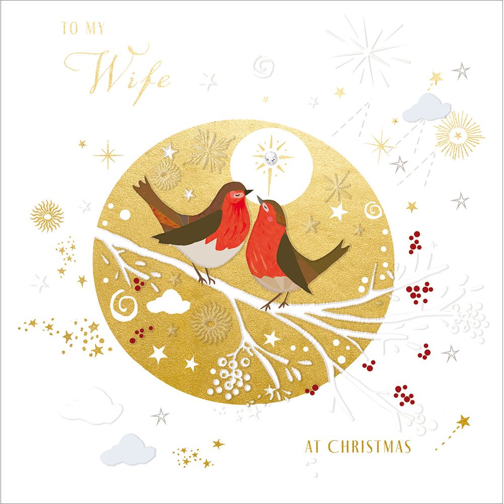 Woodmansterne Wife Two Robins Gold Circle Christmas Card
