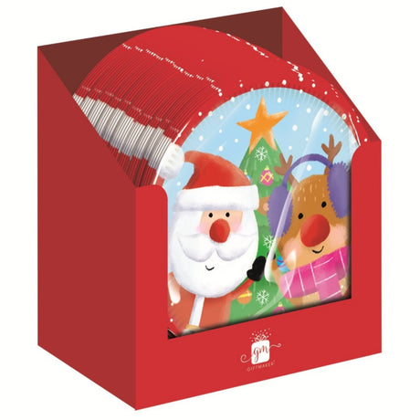 Red box with Christmas-themed illustration of Santa Claus and a reindeer on a white background
