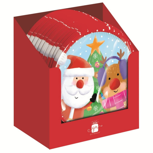 Red box with Christmas-themed illustration of Santa Claus and a reindeer on a white background