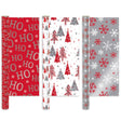 Collection of Christmas-themed gift wrap with trees, snowflakes, and 'HO HO HO' text on a white background.