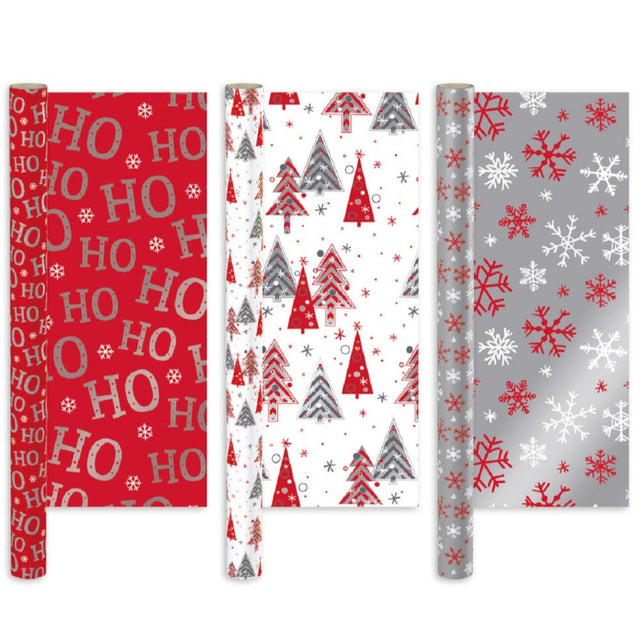 Collection of Christmas-themed gift wrap with trees, snowflakes, and 'HO HO HO' text on a white background.