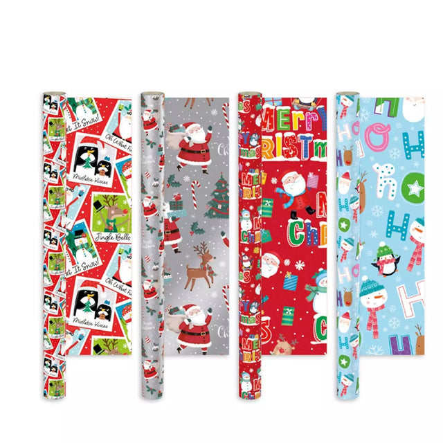 Set of Christmas-themed gift wrap paper with various designs on a white background.