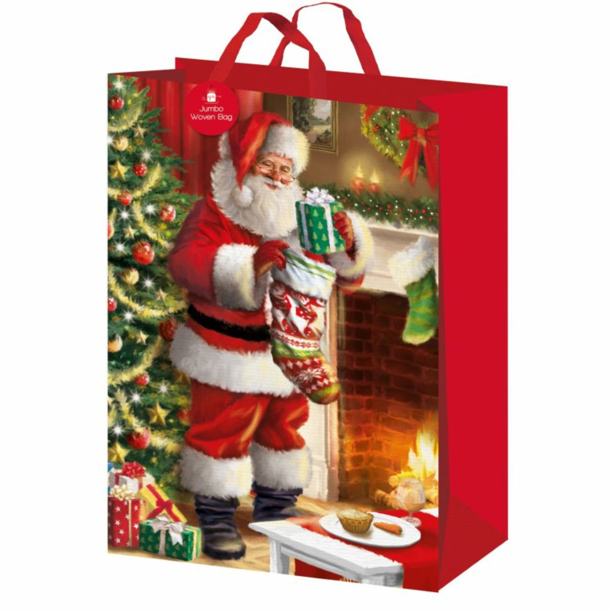 Christmas gift bag with Santa Claus design, featuring a fireplace and Christmas tree.