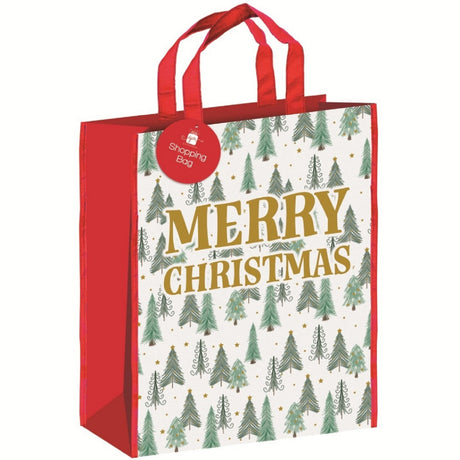 Red shopping bag with Christmas tree pattern and 'Merry Christmas' text on a white background