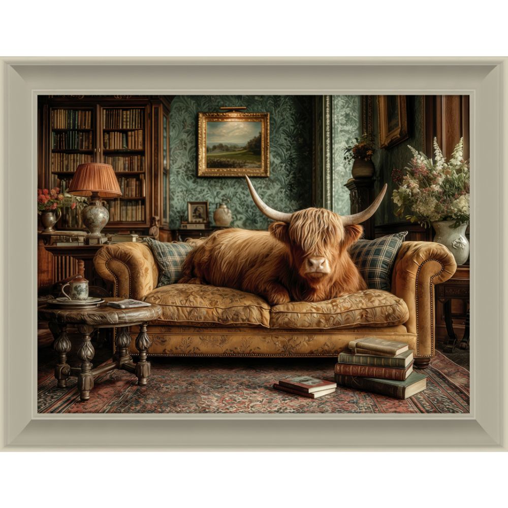 Artko 116cm Lounging Highland Cow Framed Print