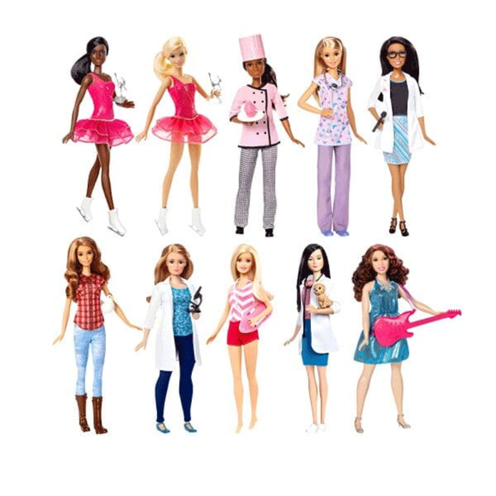 Set of nine dolls in various职业 outfits on a white background