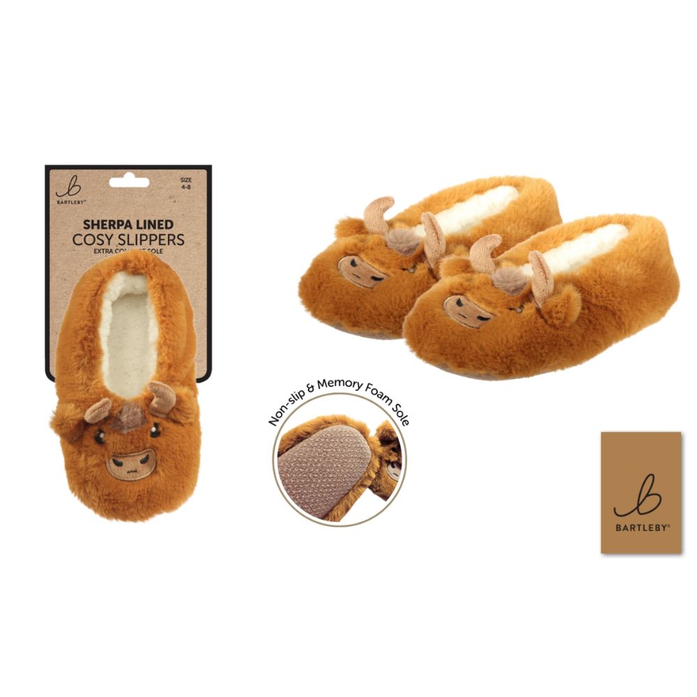 Bartleby Ladies Highland Cow Sherpa Slippers