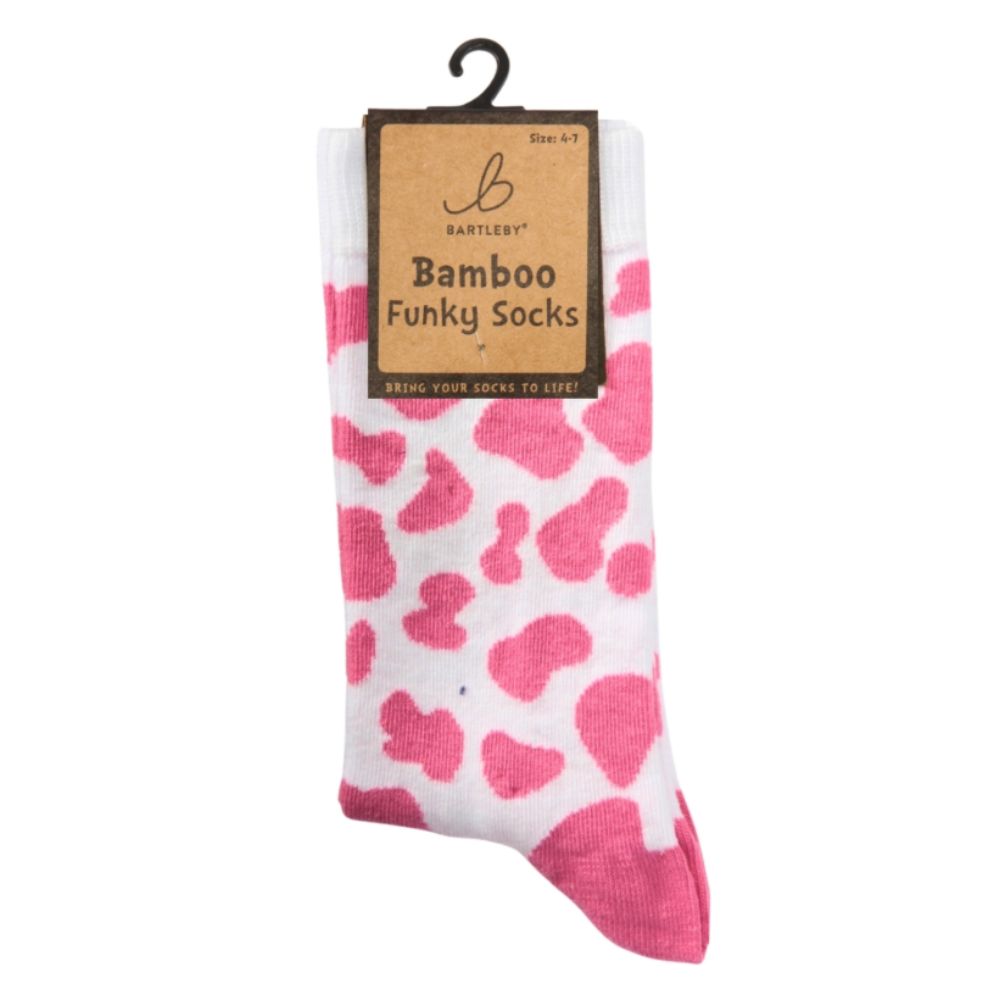 Bartleby Ladies Pink Cow Print Funky Bamboo Socks - Size 4-7