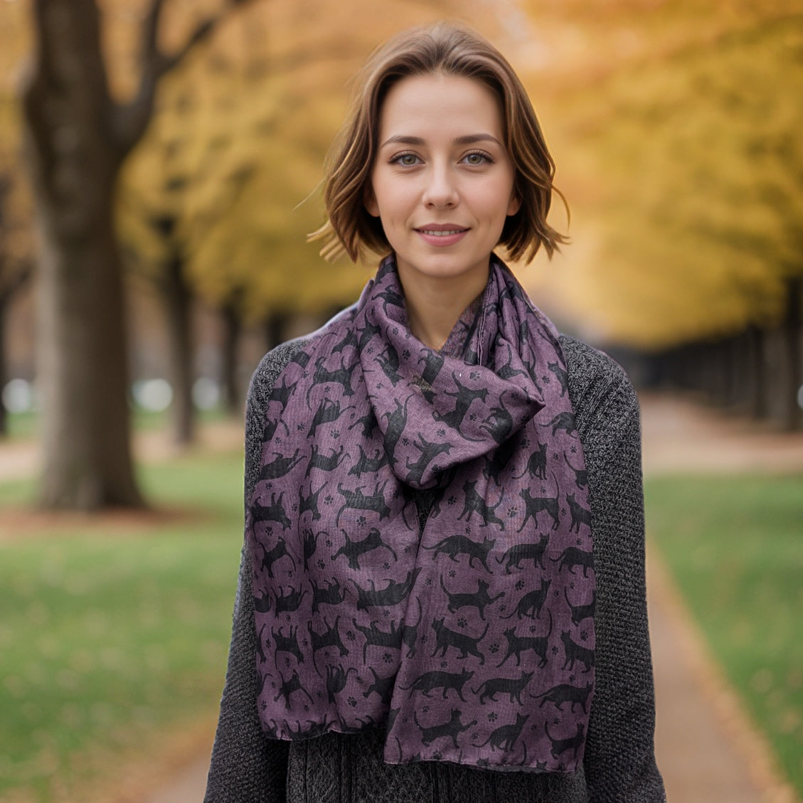 Black Ginger 180cm Cat & Paw Scarf - Purple