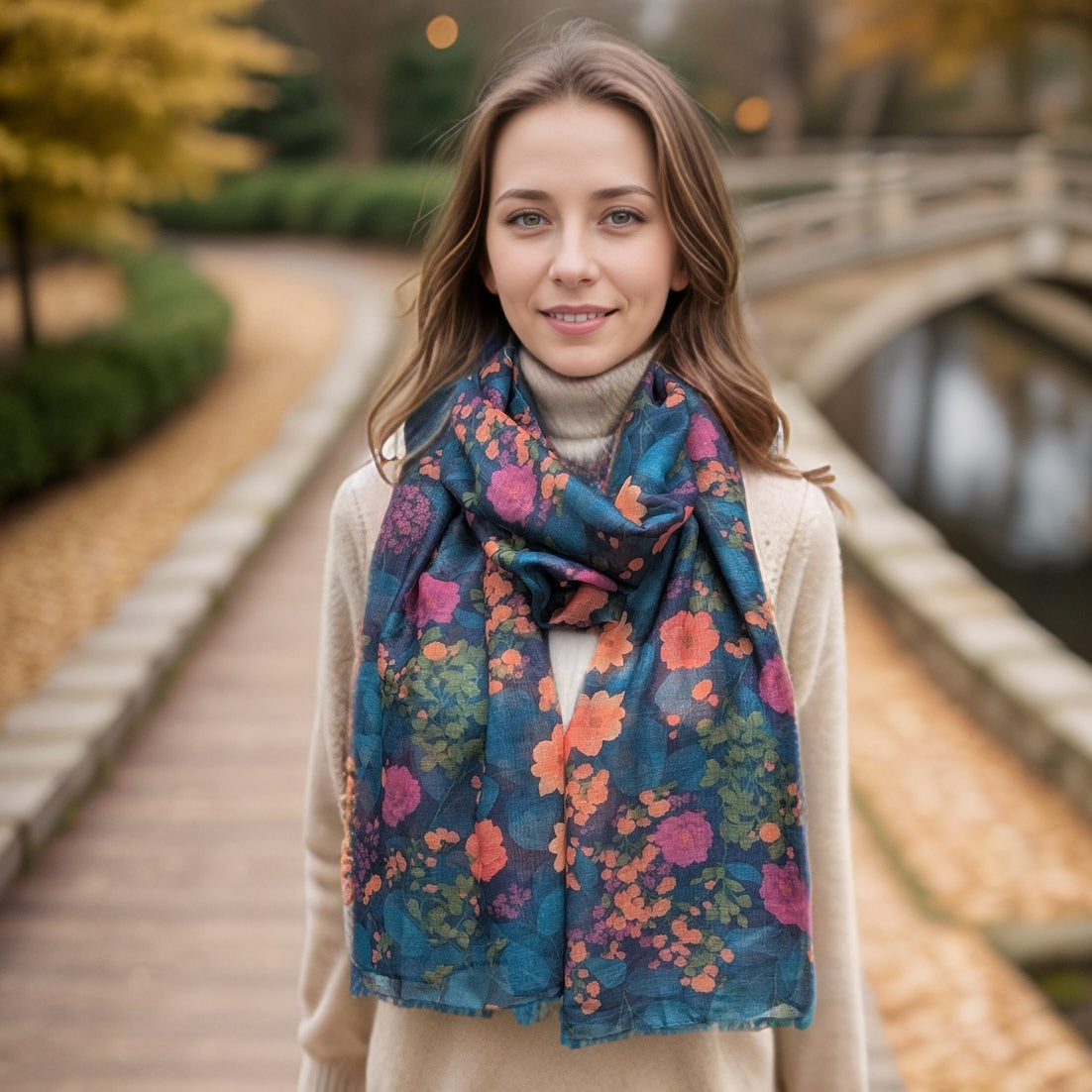 Black Ginger 180cm Floral Garden Scarf - Teal