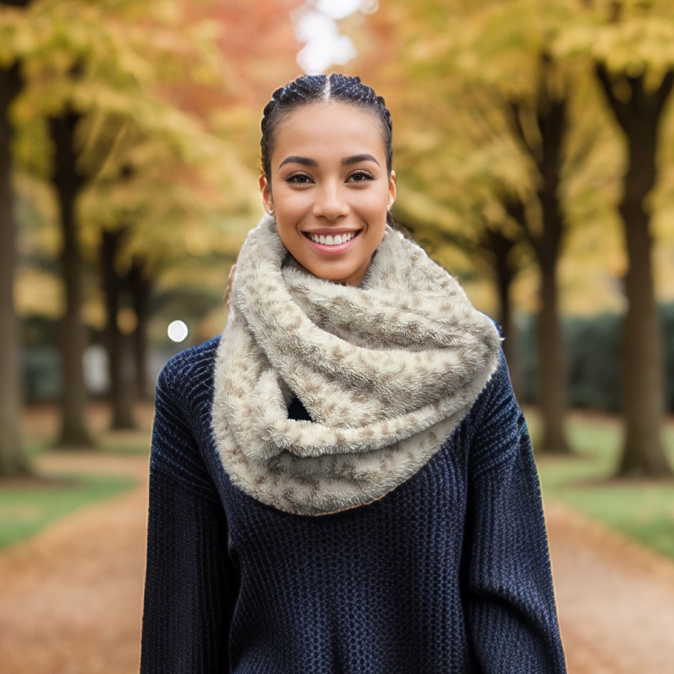 Black Ginger Animal Print Faux Fur Double Snood - Cream